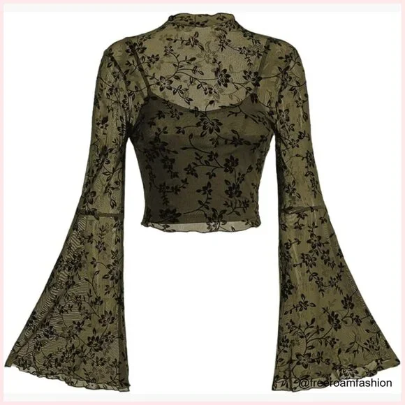 Mesh Crop Top Long Bell Sleeve Floral Print Slim Fit Summer Top - Picture 1 of 6